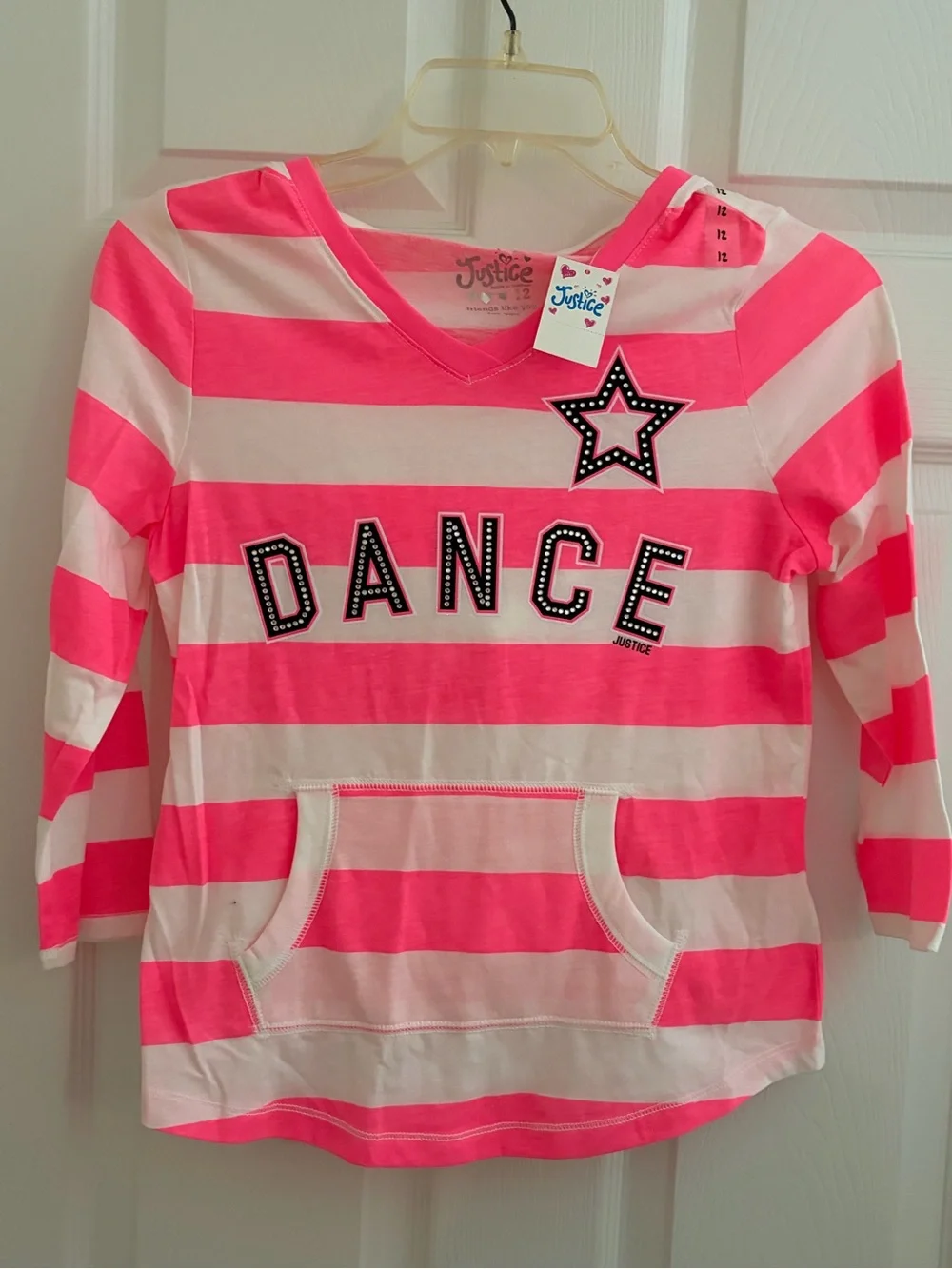 NWOT Justice Kids' Pink & White 'Dance' Stripe Hoodie Top